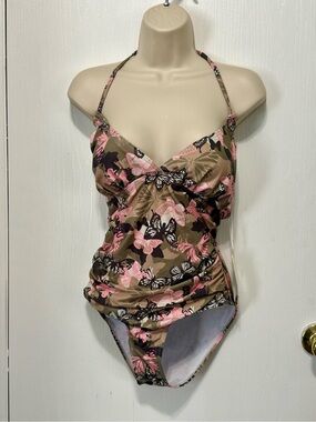 Joan Vass Pink and Olive Green Floral Print one piece  size small